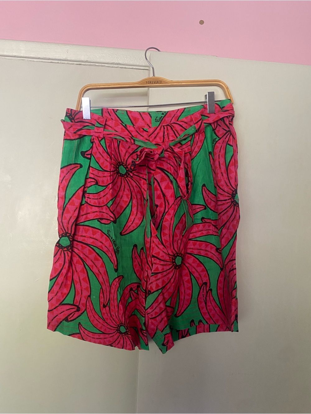 Farm Rio Green and Pink Tropical Print Linen Shorts size M